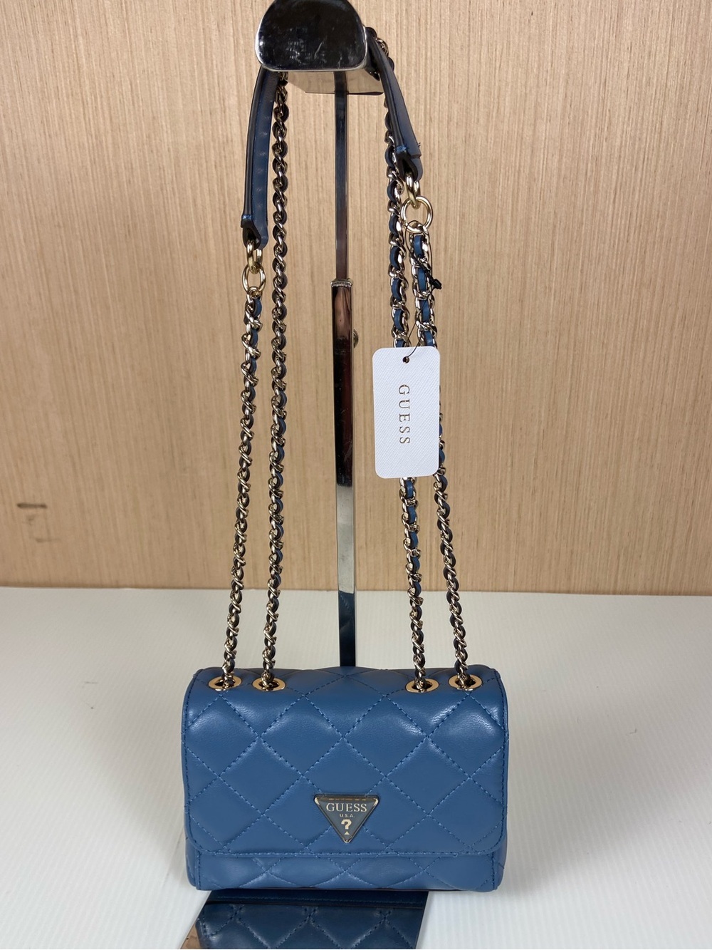 GUESS Blue Quilted Mini Crossbody Shoulder Bag NWT Gold Chain